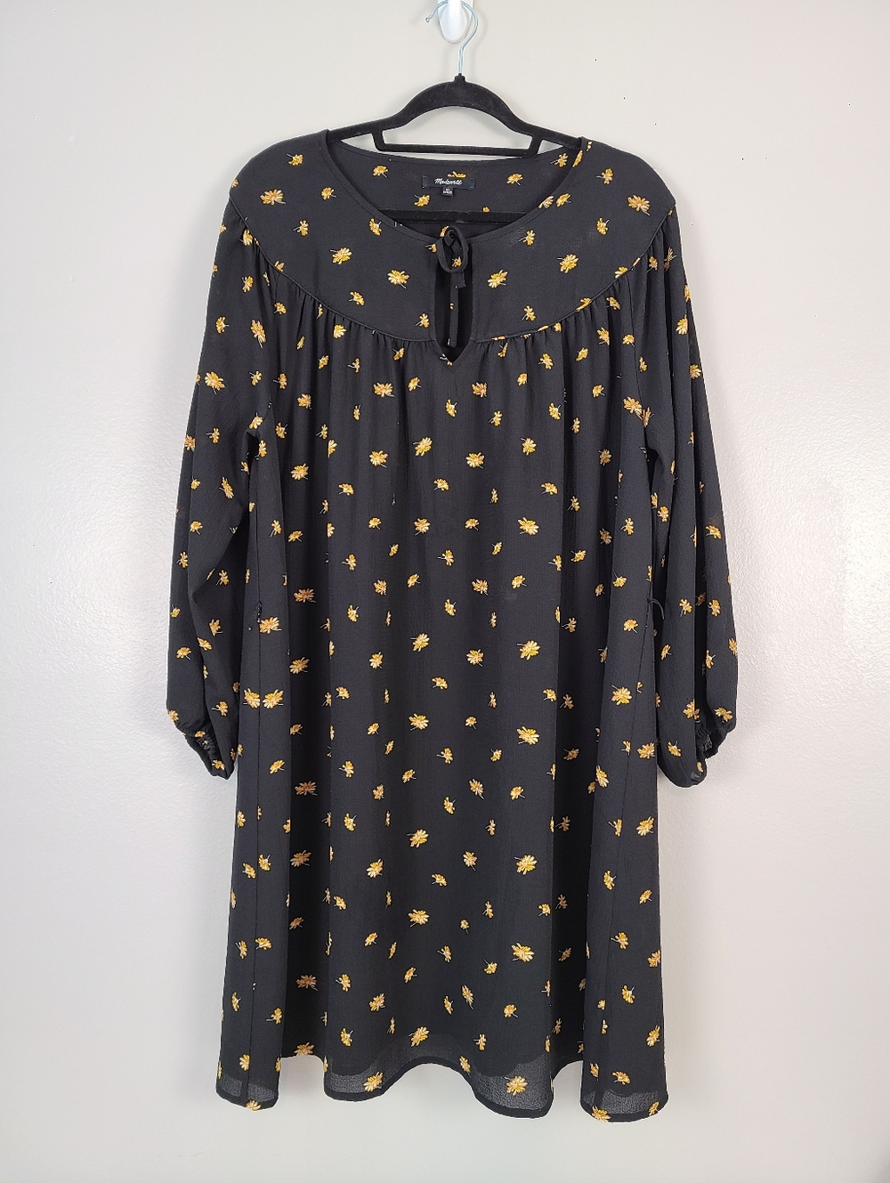 Madewell True Black & Yellow Gold Floral Tie-Waist Mini Dress in French Daisies
